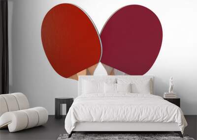 A set of two professional wooden ping-pong paddles with red padding on an isolated white studio background - 3D render Wall mural