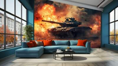 Dramatic war scene with a battle tank in action amidst fiery explosions and debris on a desolate battlefield, invoking the chaos and intensity of warfare, fighter tank on war with explos. Generated AI Wall mural