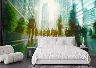 Dynamic Urban Business Life: Fast-Paced Professionals in Green Eco City. Generated AI Wall mural