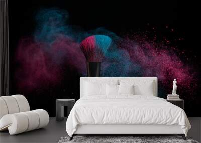 Blue and pink makeup on powder brush hit in a mixed cloud Wall mural