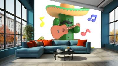 Cactus playing guitar 3D Illustration Wall mural