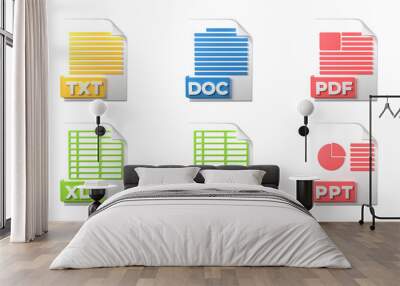 File format extensions. txt, doc, pdf, ppt, xls, csv file format document icons. Transparent background. 3D Rendering Wall mural