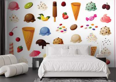 Cute vector illustration of various items needed to build your own custom DIY Ice cream, including cones, scoops, fruits, toppings and sauces. Wall mural