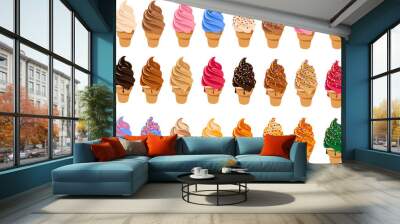 Vector illustration of various kinds of soft serve ice cream in sugar cones with toppings, sprinkles and sauces Wall mural