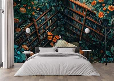 illustration of lofi library with butterfly Wall mural