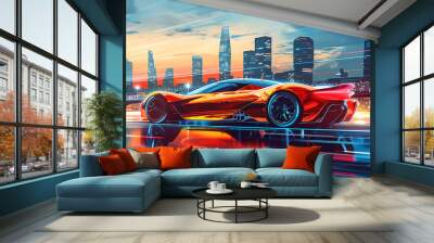 Illustration of sport car on the city highway Wall mural