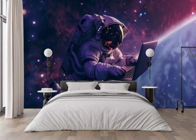 an astronaut flying in the galaxy and bring a laptop Wall mural