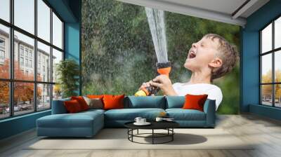 Happy little boy pouring water from a hose. Wall mural