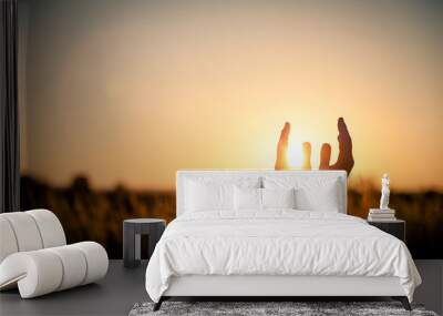 silhouette of female hands during sunset. Wall mural