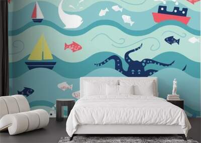 ocean life illustration blue Wall mural