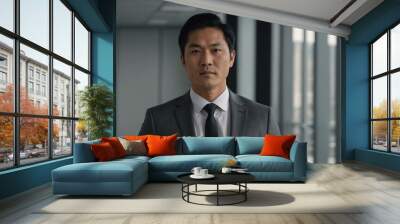 adult black hair asian man in gray formal attire model portrait looking confident on an office background for ad concept space for text Wall mural