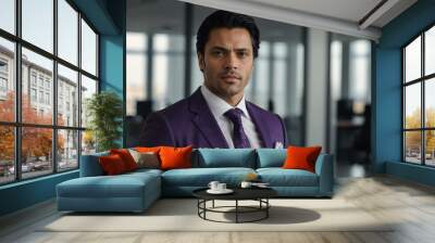 adult black hair european man in purple formal attire model portrait looking confident on an office background for ad concept space for text Wall mural