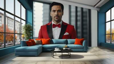 adult black hair white man in red formal attire model portrait looking confident on an office background for ad concept space for text Wall mural