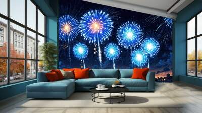 anime style blue fireworks display on a dark sky for b background Wall mural