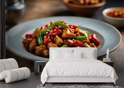 chinese sichuan cuisine dish kung pao chicken isolated on an aesthetic plating, concept for advertisement background Wall mural