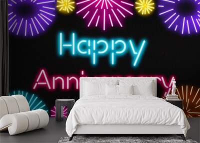 festive neon backlit style of the word happy anniversary with neon fireworks on a black grainy background Wall mural