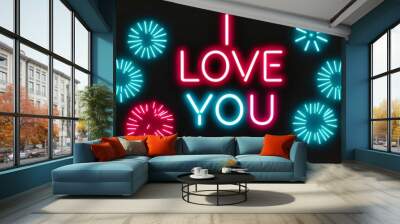 festive neon backlit style of the word i love you with neon fireworks on a black grainy background Wall mural