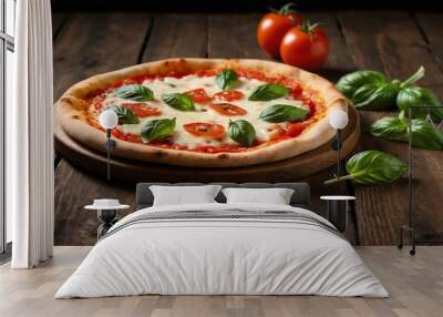 italian pizza dish margherita isolated on a wooden plate, concept for advertisement background Wall mural