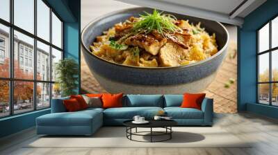 japanese rice dish oyakodon isolated on an aesthetic ceramic plate, concept for advertisement Wall mural