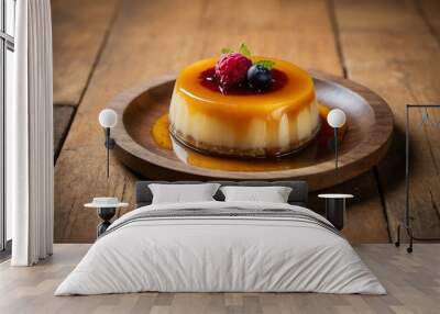 mexican desserts dish flan isolated on a wooden plate, concept for advertisement background Wall mural