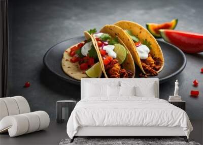 mexican street food dish tacos al pastor isolated on an aesthetic plating, concept for advertisement background Wall mural