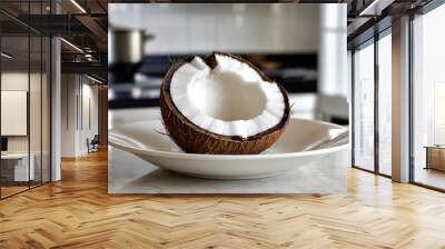 single raw coconut prepared for ingredient isolated in a kitchen background Wall mural