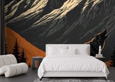 wideangle perspective of mountain with wolf howling si background Wall mural