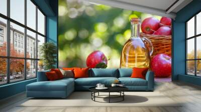 apple vinegar or cider in glass bottle outdoors Wall mural