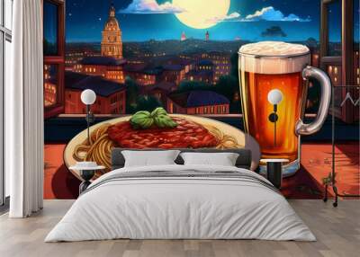 glass of beer and pretzel night Wall mural