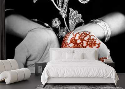 Henna, Mehendi on Bride's Hand - Black and White Wall mural