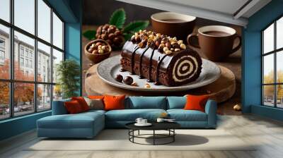 A decadent chocolate Swiss roll cake filled with cream and topped with rich chocolate drizzle and peanuts, served on a rustic plate with cups of coffee in the background, creating a perfect dessert sc Wall mural