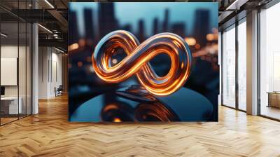 A glowing infinity symbol with a glossy metallic finish, set against a blurred cityscape background with bokeh lighting effects. Wall mural