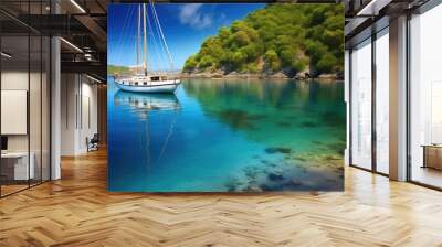 a sailing boat anchored in a tranquil bay Wall mural