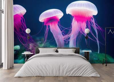 Abstract fantasy neon marine jellyfish flock swimming in deep sea. Dangerous colorful and beautiful undersea world., created with generative ai Wall mural