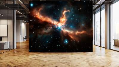 An image of a vibrant nebula with colorful interstellar clouds and bright stars in deep space. The nebula showcases shades of orange and blue with surrounding star clusters. Wall mural