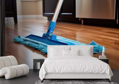 blue microfiber mop cleaning a residential cork floor Wall mural