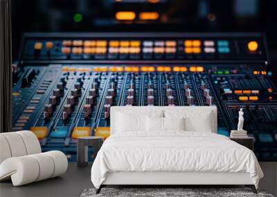 Close-up of a professional audio mixing console with illuminated buttons and sliders in a recording studio setting, emphasizing sound engineering and production equipment. Wall mural