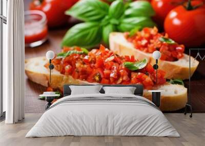 close-up of baguette slice with diced tomatoes and fresh basil Wall mural