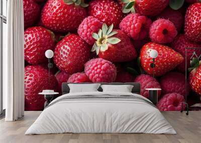 Close-up of fresh strawberries and raspberries with vibrant red colors and green leaves, showcasing a textured and ripe appearance. Wall mural