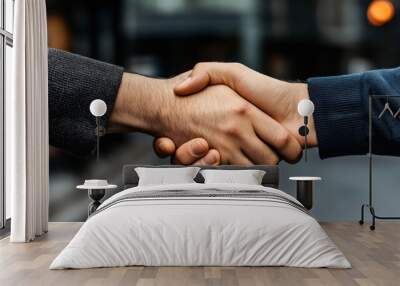 Close-up of two individuals shaking hands outdoors, symbolizing agreement or partnership, with one wearing a dark sweater and the other a blue sweater. Wall mural