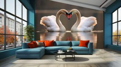 close-up of two swans forming a heart shape with their necks Wall mural