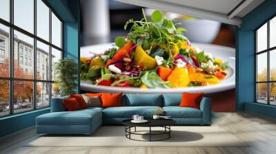 close-up shot of a colorful salad on a white dish Wall mural