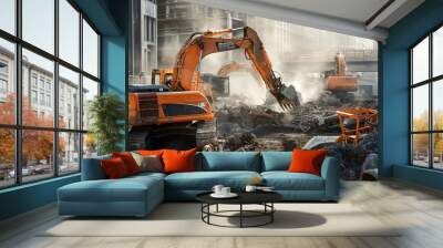 Construction site with heavy machinery, including excavators, demolishing and clearing debris from a building in an urban area. Wall mural