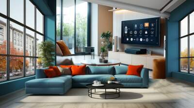 Contemporary living room with smart TV displaying a home automation interface, stylish furniture, indoor plants, and a large window providing natural light. Wall mural