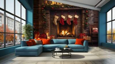 cozy fireplace with stockings and garland decorations Wall mural