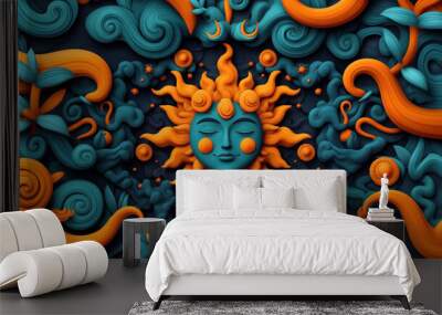 Digital illustration featuring a sun with a human face surrounded by abstract swirling patterns and organic shapes in vibrant orange and teal colors. Wall mural