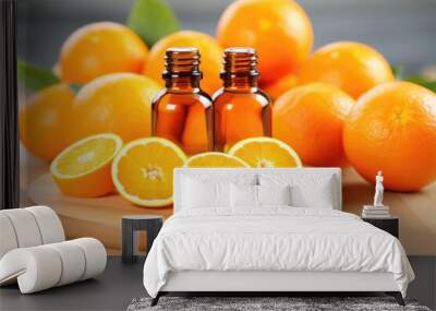 flattened oranges with a center placement of a vitamin c bottle Wall mural