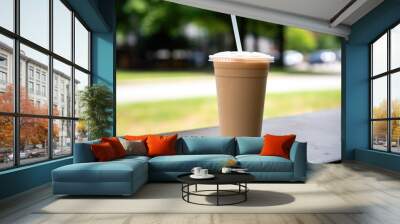 iced chai latte in a take-away cup on a park bench Wall mural