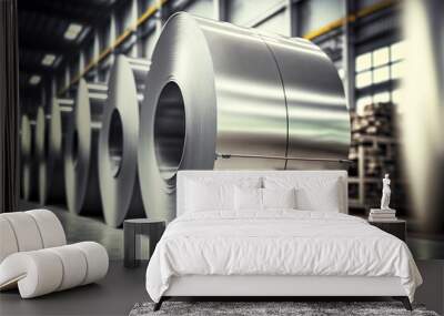 Large coils with aluminum foil produced in aluminum industry factory, created with generative ai Wall mural