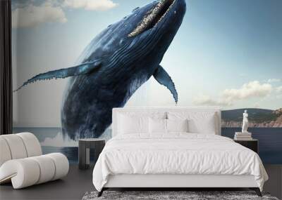 Large whale jumping out of water in ocean against background of nature, created with generative ai Wall mural